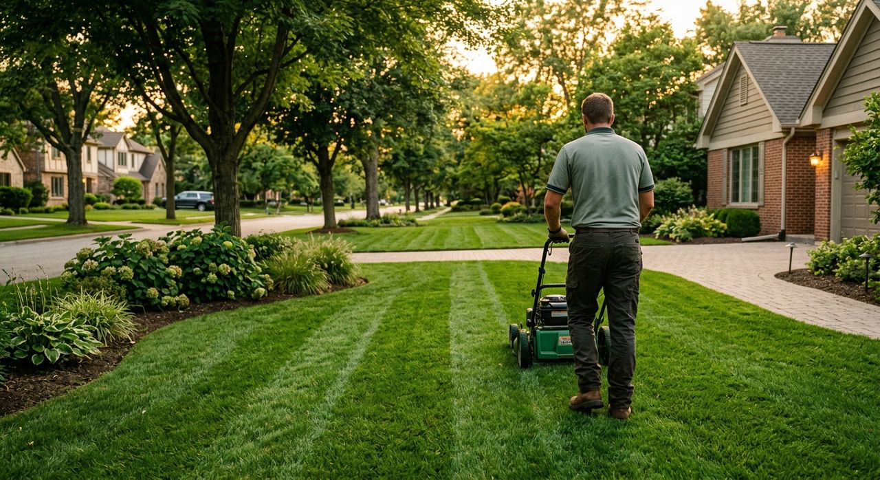 Landscaper mowing crisp stripes into a green suburban front lawn at golden hour