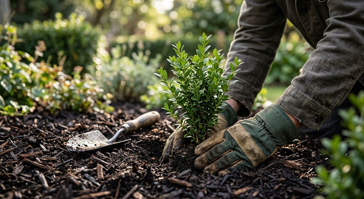 Gloved hands planting a young boxwood shrub in a freshly mulched garden bed