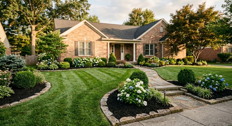 Freshly landscaped front yard with striped lawn, stone-edged mulch beds, and trimmed shrubs